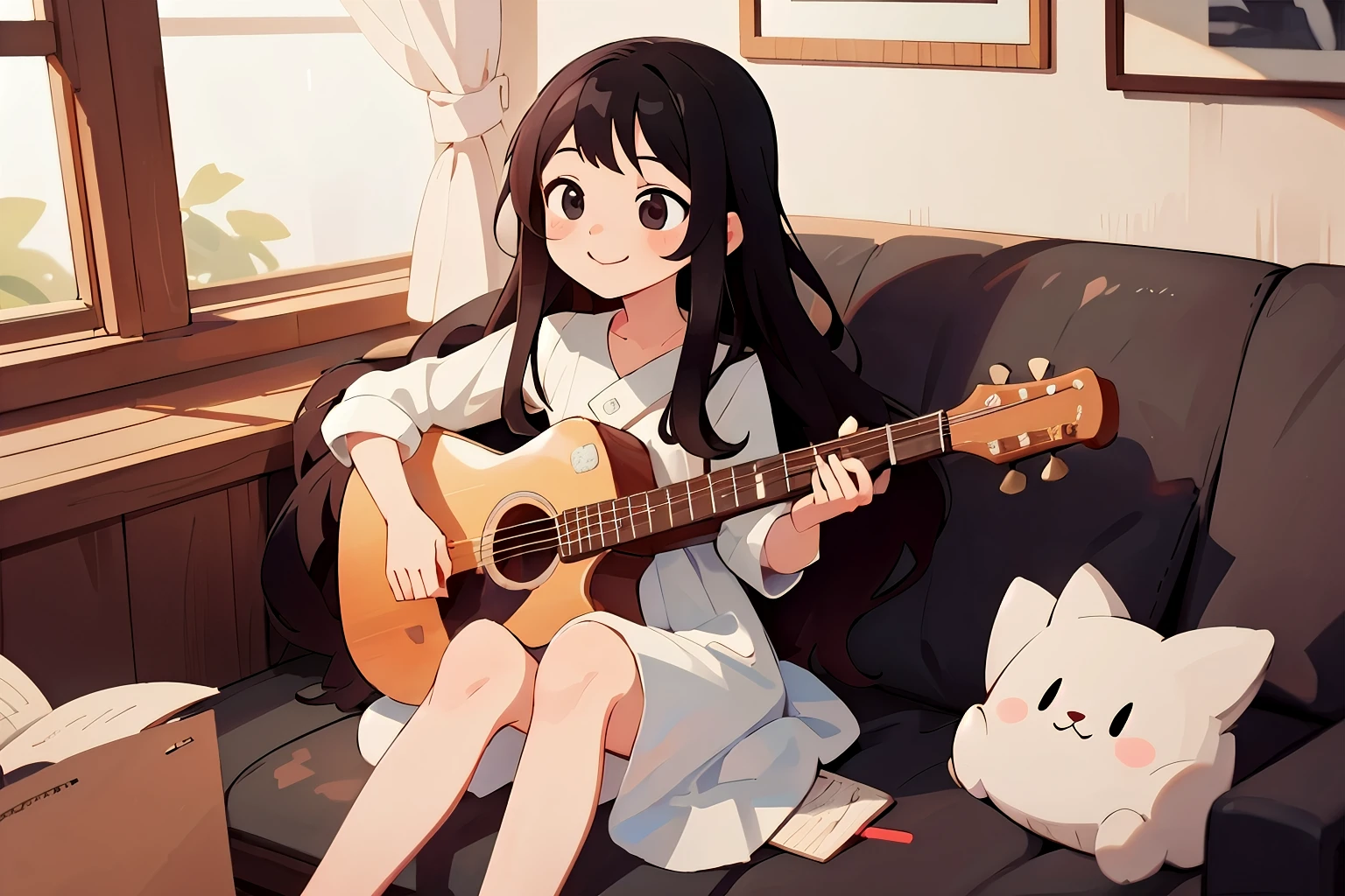 ((masterpiece))), Highest quality, Highest quality, Attention to detail、Girl、Long Black Hair、Gentle smile、White dress、Sitting、Playing guitar