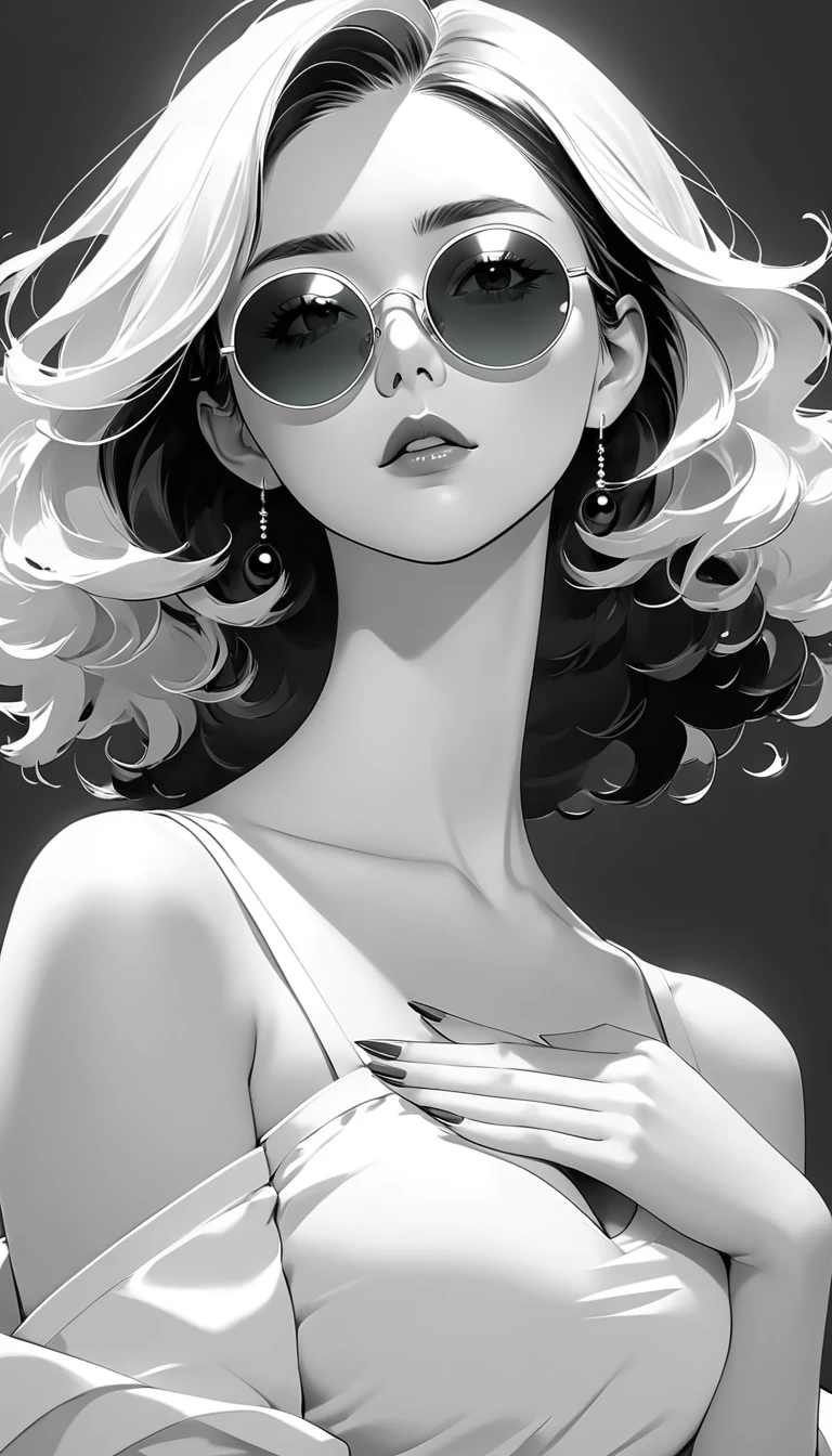 masterpiece,best quality,detail,Perfect composition,Excellent quality,HD Wallpapers,A young woman wearing crimson sunglasses,Big and round breasts,illustration,With black aesthetics、Anime aesthetic style,I can't believe how beautiful it was,Black Pearl and Mint,Monochrome minimalist portrait,Pop artistic sense,whole body,Dynamic,Solitary,Posing with hands on chest,