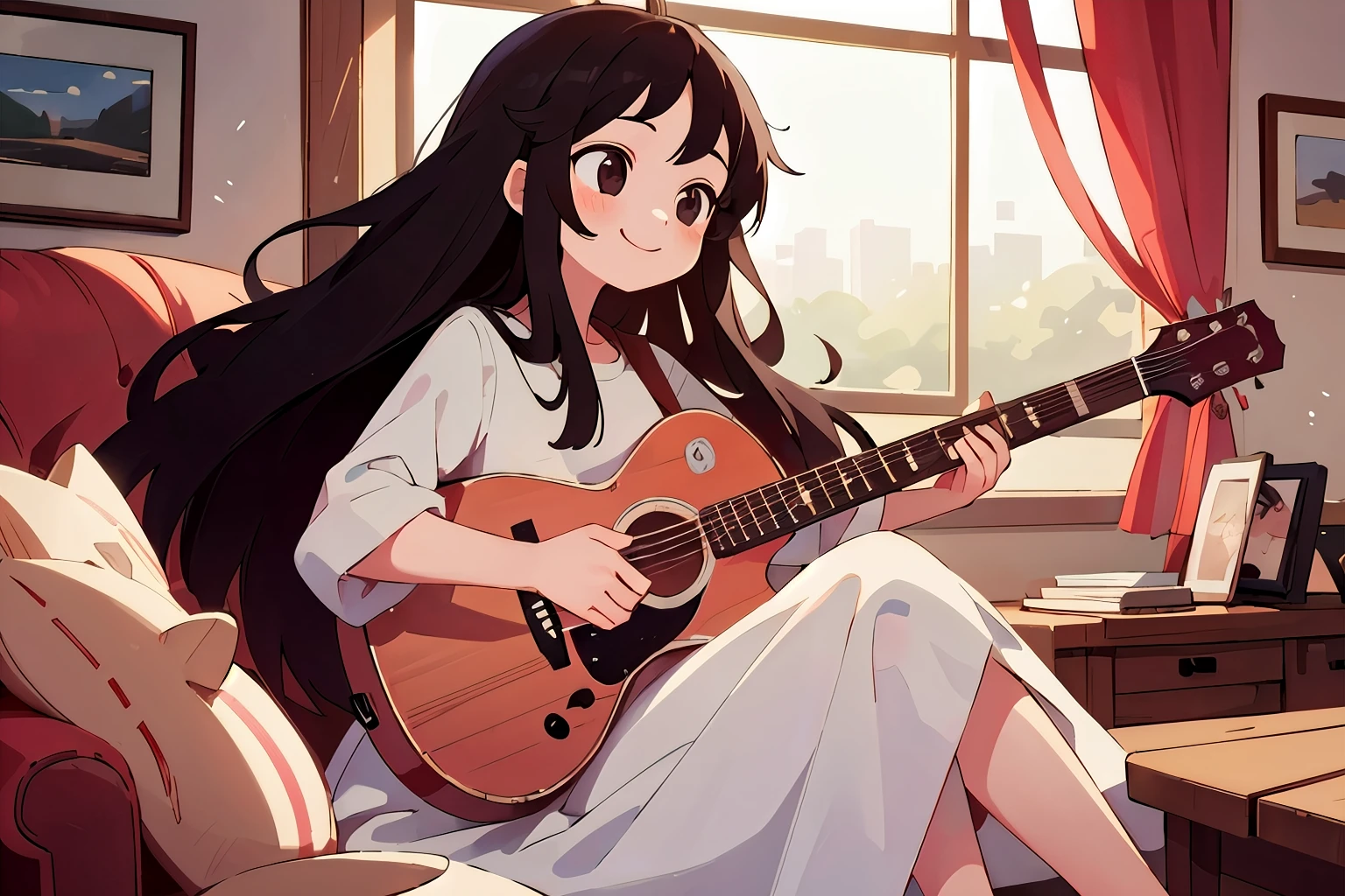 ((masterpiece))), Highest quality, Highest quality, Attention to detail、Girl、Long Black Hair、Gentle smile、White dress、Sitting、Playing guitar
