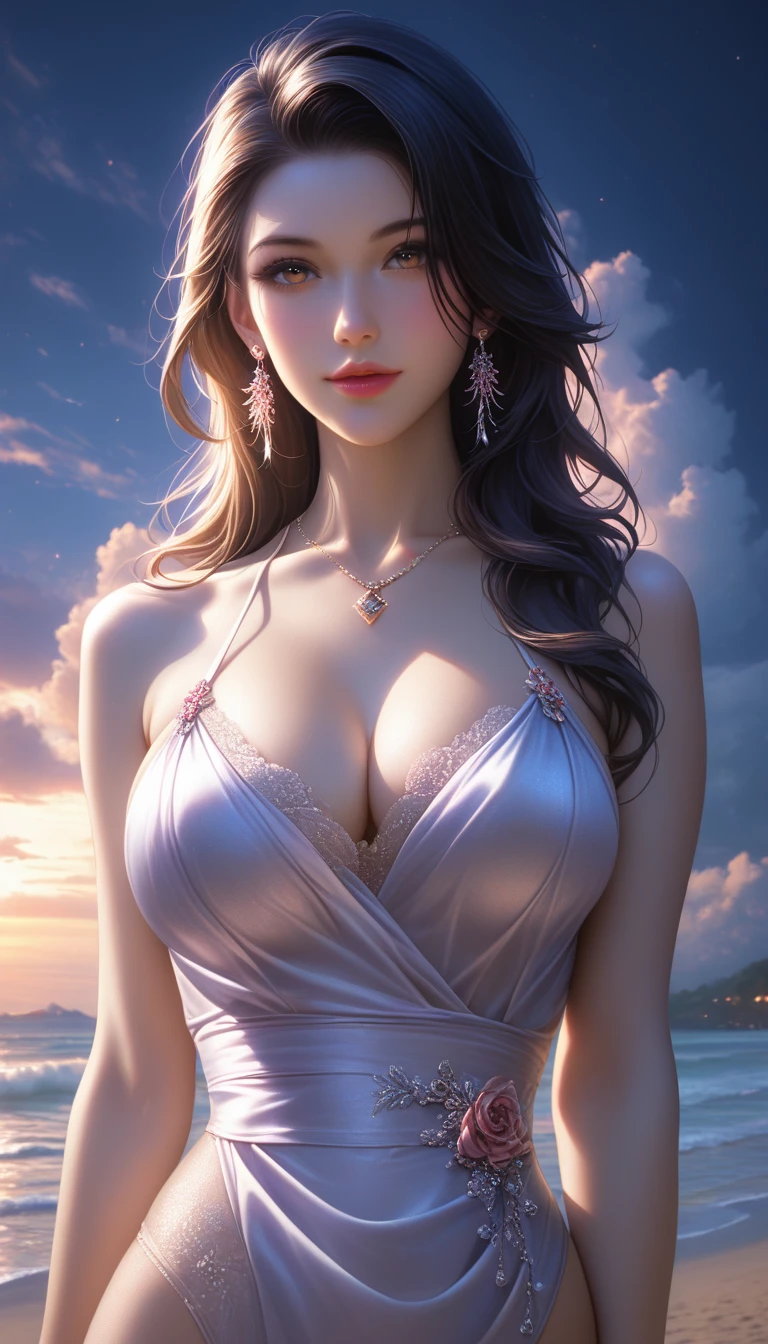 score_9, score_8_superior, score_7_superior, Masterpieces with up to 16K resolution,Highest quality,it is really amazing,Very detailed,Ultra-high resolution,(Ultra-realistic:1.1),(Realistic:1.1),Increased depth of field,Cinematic lighting,
Elegant Japanese MILF,
Long black hair,Ultra-detailed and beautiful face,Translucent white skin,Realistic skin texture,
(Elegant swimwear:1.1),
Bold design,Artistic design,Beautiful and detailed pattern,Detailed fabric texture,
Gorgeous necklace,Earrings,
(Deserted beach at night:1.4),(Dark night sky with dark clouds:1.4),
(Dramatic Angle:1.1),