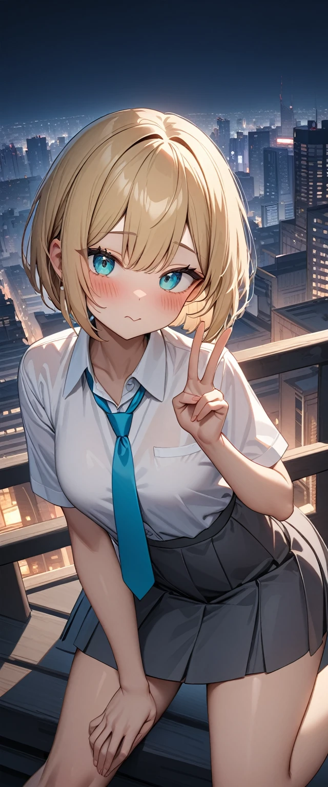 (masterpiece, Highest quality, でvery aesthetic, Super detailed), Intricate details, ((Cityscape, On Bridge)), night,
One girl, Blonde, Red gradient, Bobcut, blush, (Brown skin), Turquoise Eyes, Big eyes, Round eyes, ((Mouth closed)), , Collared shirt, White shirt, Baby Face, The clavicle is visible, Light blue tie, Grey Skirt, Thighs, looking at viewer, Peace sign sideways near the eyes, Upper Body, Straight skirt, ((One leg raised))