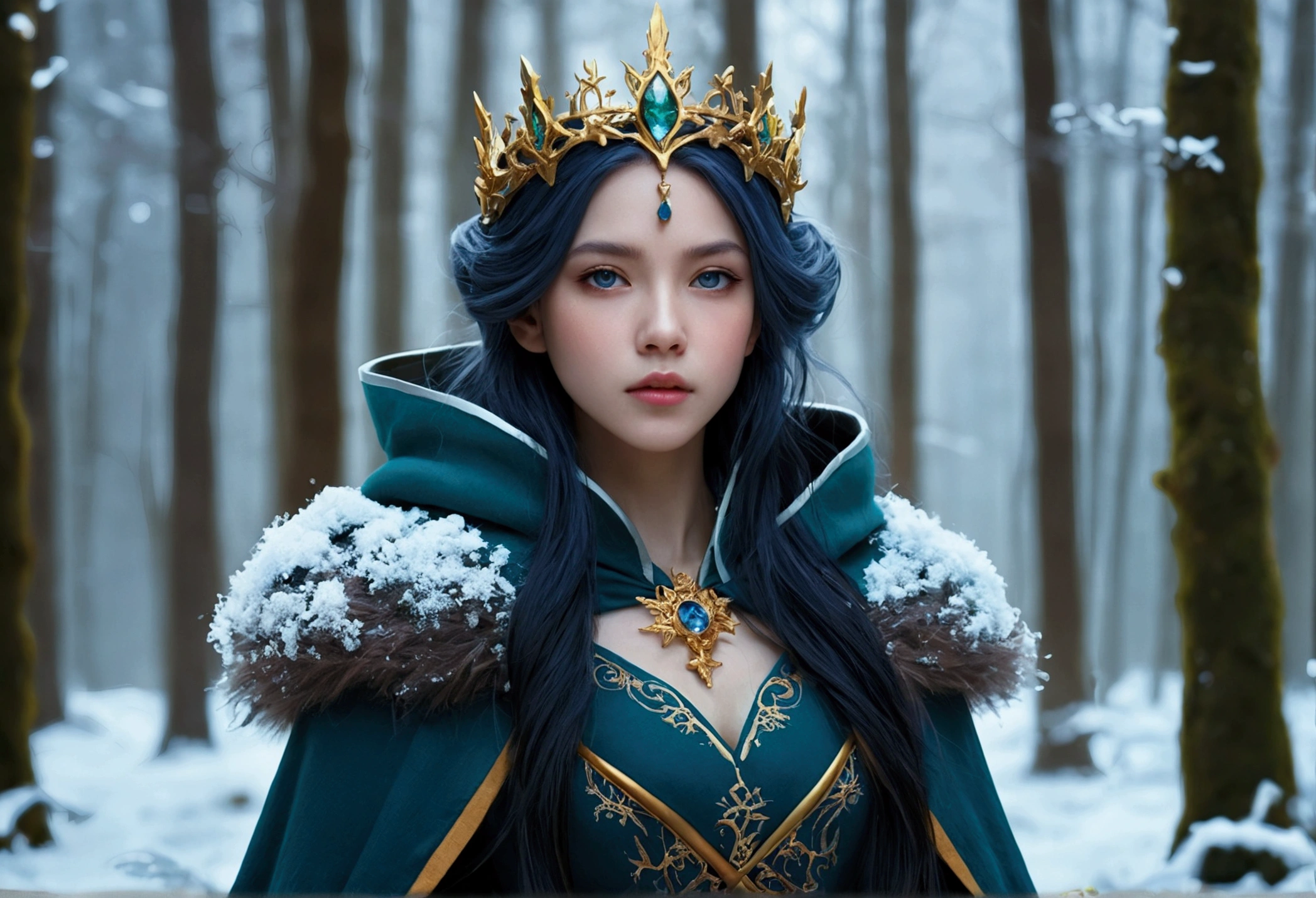 Wearing an ice crown、Woman wearing dark blue winter cloak with gold details, snowflake brooch. Black long hair. Winter queen, Elf Princess, retrato de uma Fairy Queen, Fairy Queen, winter princess, uma Fairy Queen, Artistic Germ em artstation pixiv, bela e elegante Fairy Queen, whole body. Standing in the snow,In front of a huge ice castle. rpg character. medieval era. Elf Woman. Red-haired elves. blue eyes. Forest Elves. Forest Elves战士. Elf Archer. Medieval archers. Archery. Organic Amadurlah. Moss green armor. Soft lighting. Standing in the middle of the forest. Dense forest. Bioluminescent Mushrooms. Fantasy scene. sunlight. sunshine. Warm highlights. Blue and yellow-green color palette. Role Playing Game Character Design. IG Model | Artistic Germ, :: rossdraws, The artwork is not guweiz's style, extremamente detalhada Artistic Germ. whole body, Detailed background of the castle, Ultra Detailed, Detailed face, pov photos, author:Lee Jeffries, Nikon D850, stock photography ,4 Kodak Portra 400, F1 Camera Lens.6, colorful, Surreal, Realistic texture, Dramatic lighting, Movie 800 (8K, original photo, Better quality, First job: 1.2), Ultra Detailed, (Highly refined skin: 1.2), 8K UHD, Digital SLR Camera, Soft lighting, high quality.IG Model | Artistic Germ, :: rossdraws, The artwork is not guweiz's style, extremamente detalhada Artistic Germ. whole body, Detailed background of the castle, Ultra Detailed, Detailed face, pov photos, author:Lee Jeffries, Nikon D850, stock photography ,4 Kodak Portra 400, F1 Camera Lens.6, colorful, Surreal, Realistic texture, Dramatic lighting, 800