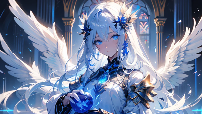 4K quality:1.2,Very beautiful illustration:1.2,Seraph,((Six white wings)),Rubio,Long Hairstyles,((Beautiful cobalt blue eyes:1.2)),null