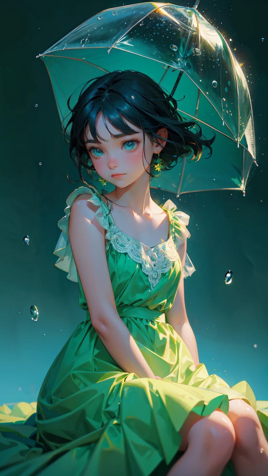 cute girl green dress with sad emotions, sitting in the middle with raindrops, raindrops around him, blue background, blue background