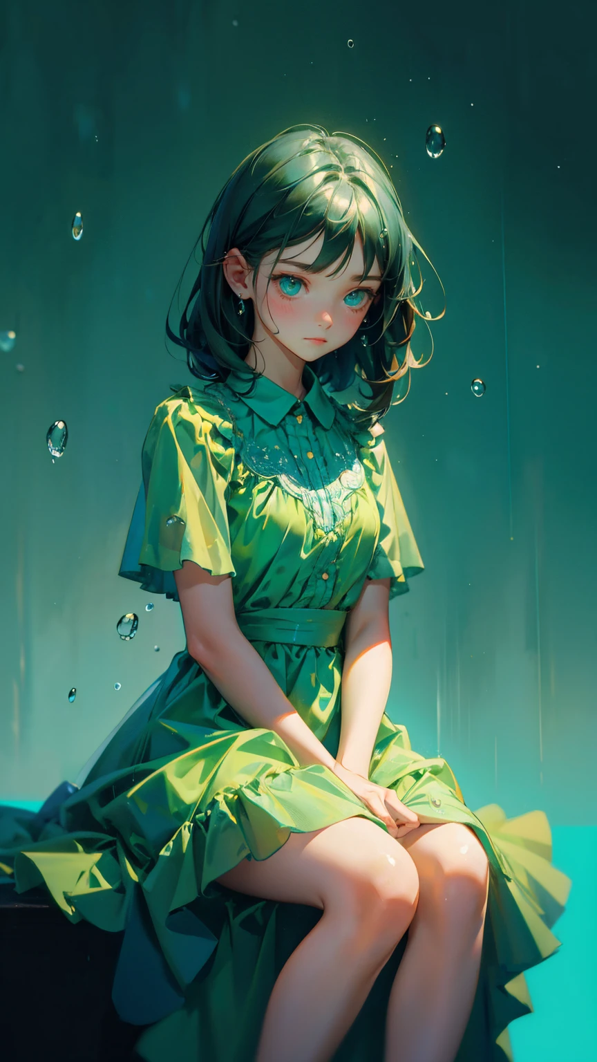 cute girl green dress with sad emotions, sitting in the middle with raindrops, raindrops around him, blue background, blue background