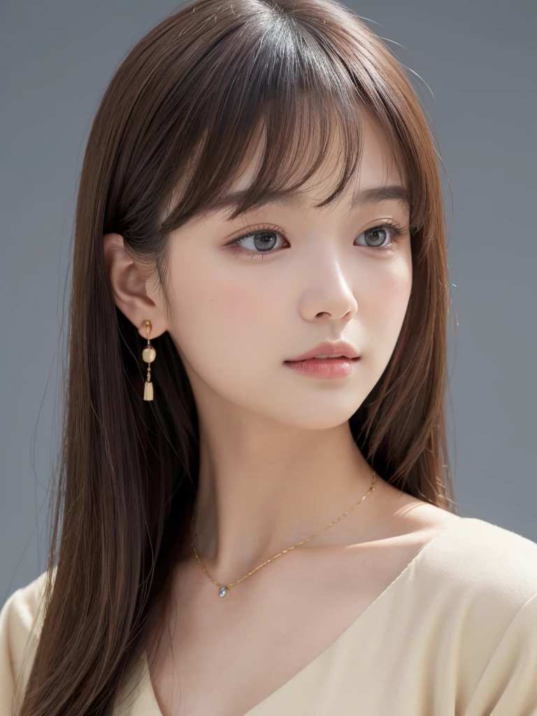 ((Highest quality, 8k, masterpiece:1.3)), concentrate: 1.2, Perfect body beauty: 1.4, Hips: 1.2, ((Long Hair, chest: 1.2)), (Dry clothes: 1.1) , (clear, Simple Background:1.3), Simple clothes: 1.1, Highly detailed face and skin texture,Delicate eyes, double eyelid, Whitened skin, Rough skin、Long Hair、bangs、Simple earrings、necklace、 solo、Beige coat、White shirt, (((Beautiful girl with cute Japan)))、 ((Beautiful Japanese girl 20 years old))、 ((Baby Face))、 (((Slender body)))、 Upper Body,Face focus、necklace,Simple Background,From above, Realistic Hair、 A photograph was taken:Canon EOS R6、135mm、1/1250 seconds、f2.8、ISO400、(Detailed explanation of the hand)、(Masseter muscle area)、(Exquisite CG)、Long Hair, loose and curly hair、Korean Hair、Long Hair明るいベージュ色、グラデーションハイライトグレージュのゆるふわLong Hairスタイル、