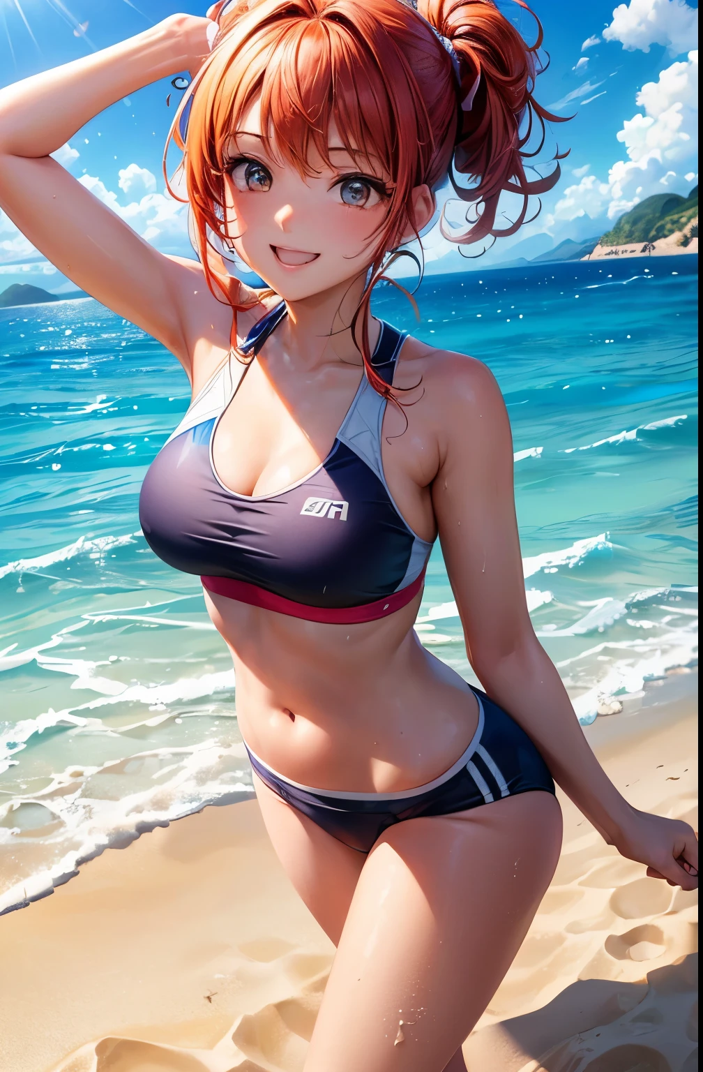 a girl with short, curly red hair in a bikini