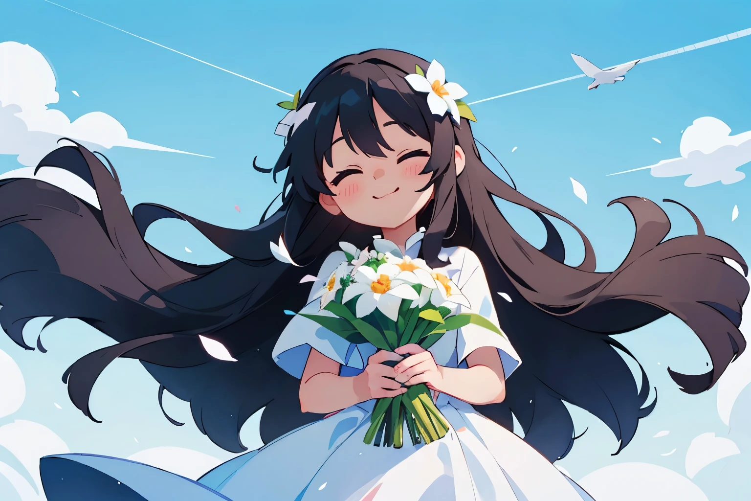 Girl、Long Black Hair、White dress、Holding a bouquet of flowers、blue sky、front、smile、Eyes closed、Mouth closed