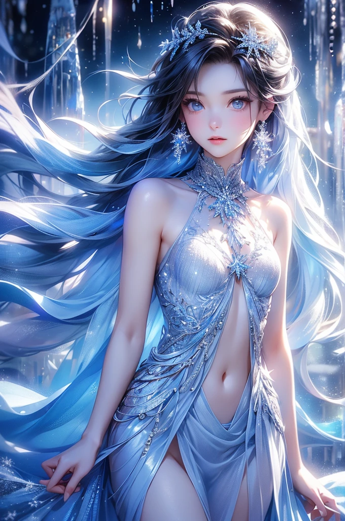 (1/2 photos:1.5)wood, Exquisite mini ice spikes and crystals, A frozen waterfall in the background, Light reflected by ice crystals, Flowing snowflakes.1 girl、pretty girl,A realistic person,((small breasts)),Thin legs、Tight waist、standing
