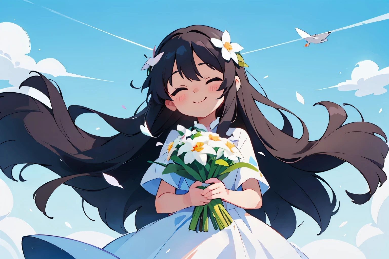 Girl、Long Black Hair、White dress、Holding a bouquet of flowers、blue sky、front、smile、Eyes closed、Mouth closed
