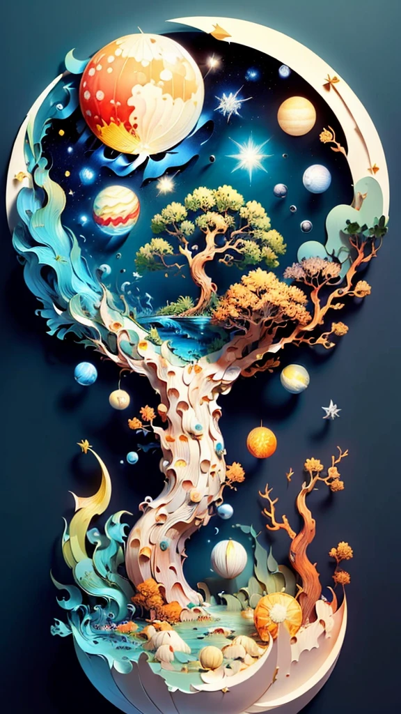 (((masterpiece))),best quality, illustration, earth, water ,fire, wind , space  , paper_cut, 、A big tree, a space tree, a tree with round fruits, with planet fruits、There is the sun, the moon, and the sea