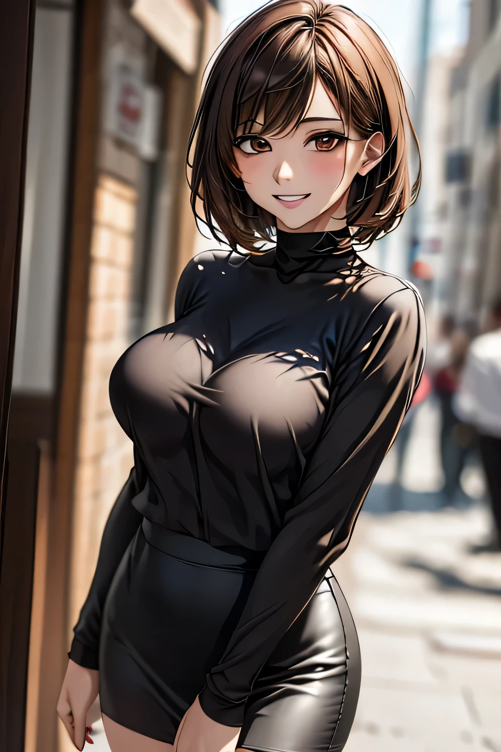 a J-pop idol wearing a turtleneck sweater, (((masterpiece))), ((Highest quality)), ((Complex)), ((surreal)), Bakares, (Mature Woman), ((peerless)), Very detailed, 1 girl, ((Big Breasts)), Beautiful and detailed, Brunette Short Hair, Brown eyes, (turtleneck:1.2), (Tight Skirt), (background: underground), Detailed background, choker, Perfect Eyes, Captivating eyes, Looking at the audience