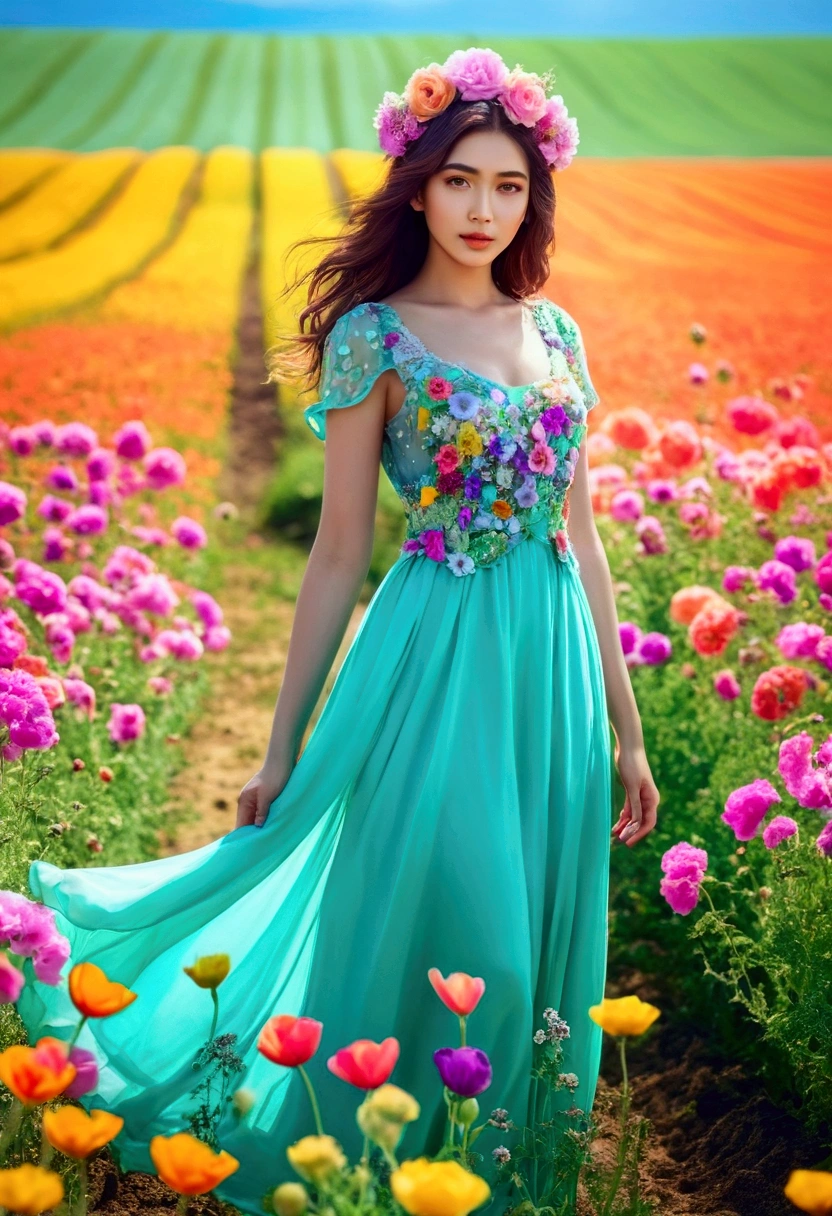 Araped woman wearing a dress and standing in a flower field, Gorgeous rich fantasy clothing, bright and soft colors, Chassis, colorful pastels, cute colorful lovely, vivid fantasy style, soft and cute colors, Bright pastel colors, Zia, Bright pastel colorss, sakimichan hdri, gradient pastel green, Vibrant pastel colors, , Dressed in turquoise