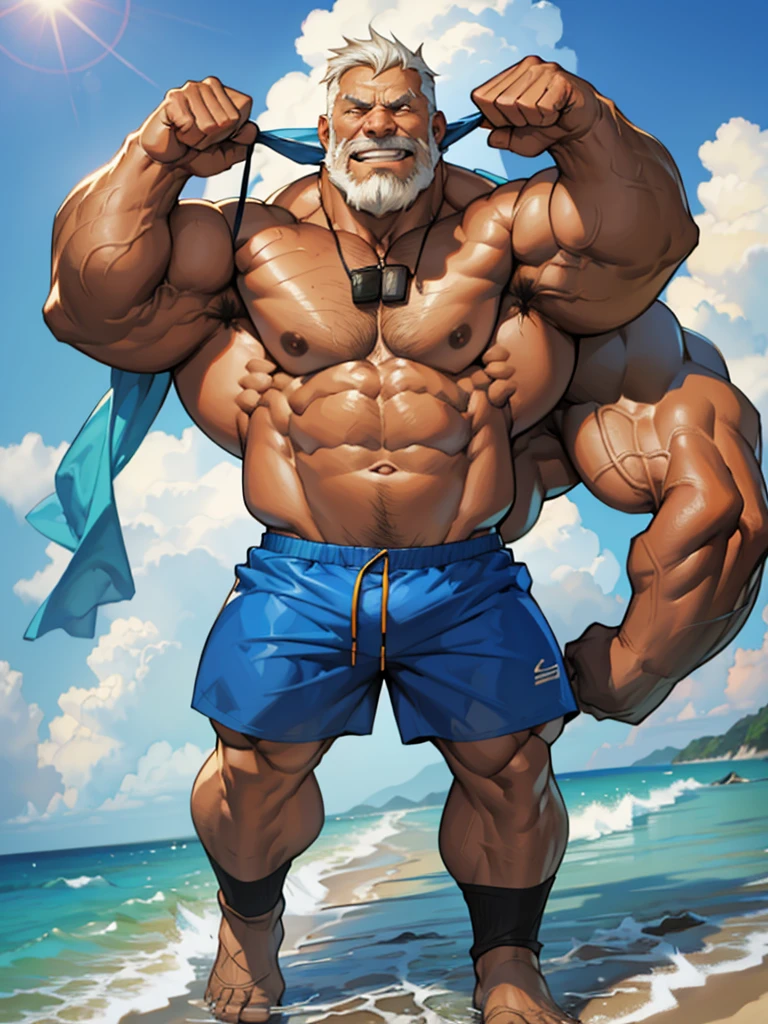 1boy, 1man, solo. beach, extremely huge muscular, massive muscular, full-body , (topless, shirtless, shorts), well-muscled old man. ((extremely muscle size, super thick arms, huge pec, extremely wide pectoral , huge arms)), wide smiling. Add textures and details to make the image more realistic, such as the appearance of the. Make sure the resulting image is high resolution, 8K quality