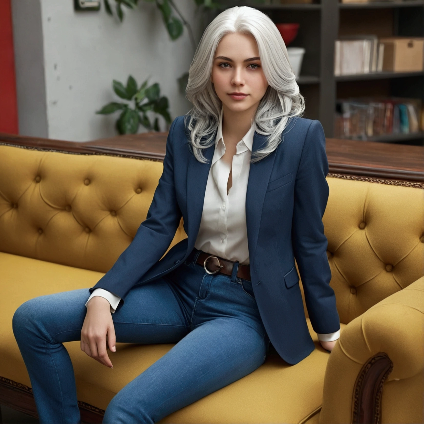 realistic, high resolution, 1 woman, alone, Medium hips, Look at the viewer., (detailed face), white hair, long hair, Wear jeans on the street, decorations,Wear a suit, Office Girl,sitting on the sofa
