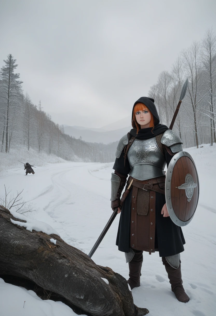 1 woman, orange hair, green pupils, nordic armor wielding spear and shield accompanied by 1 boy, black hair, black hood and armor, wielding black sword, snowy background, anime, 4k, hd, viking, nordic, light novel cover