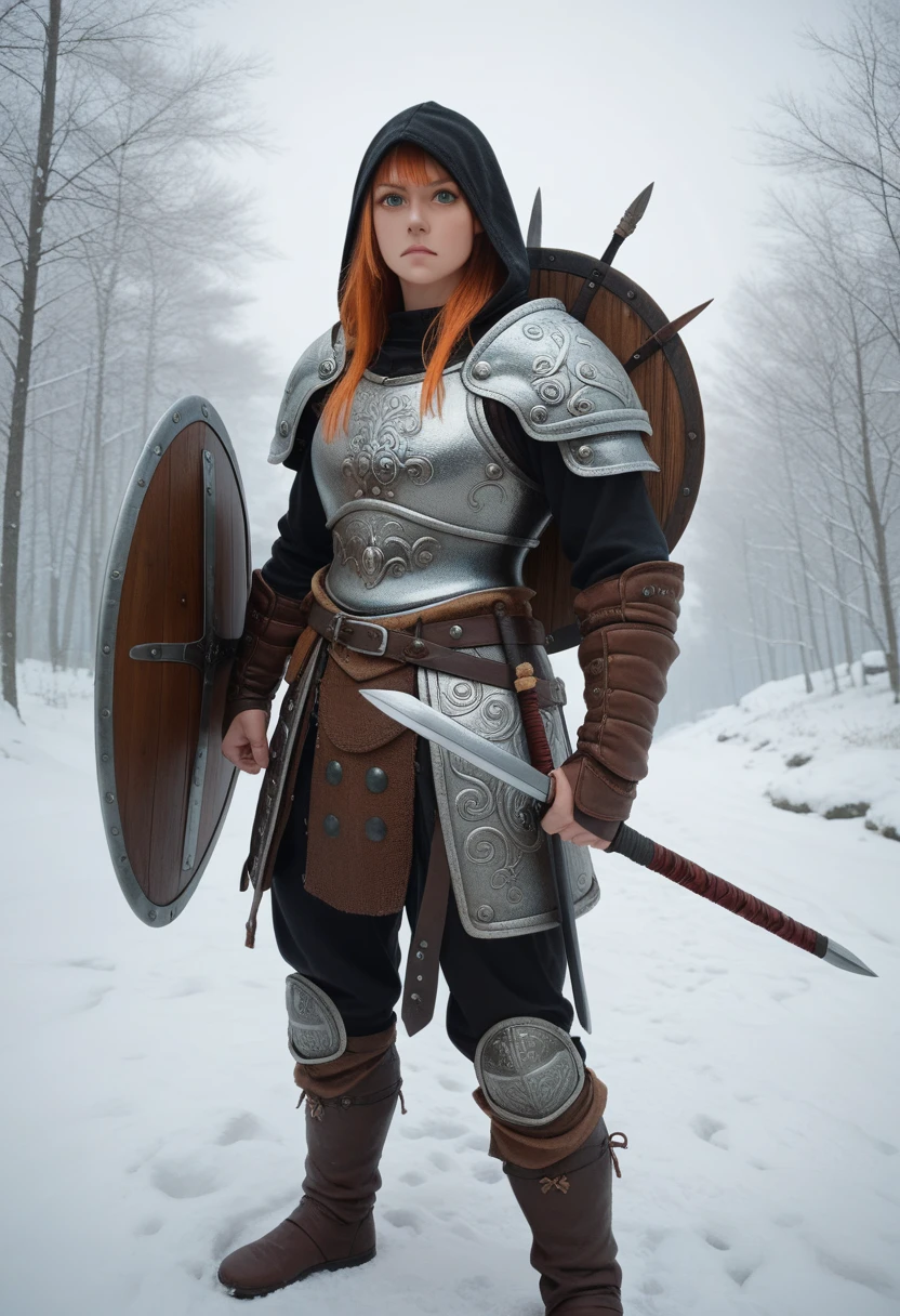 1 woman, orange hair, green pupils, nordic armor wielding spear and shield accompanied by 1 boy, black hair, black hood and armor, wielding black sword, snowy background, anime, 4k, hd, viking, nordic, light novel cover