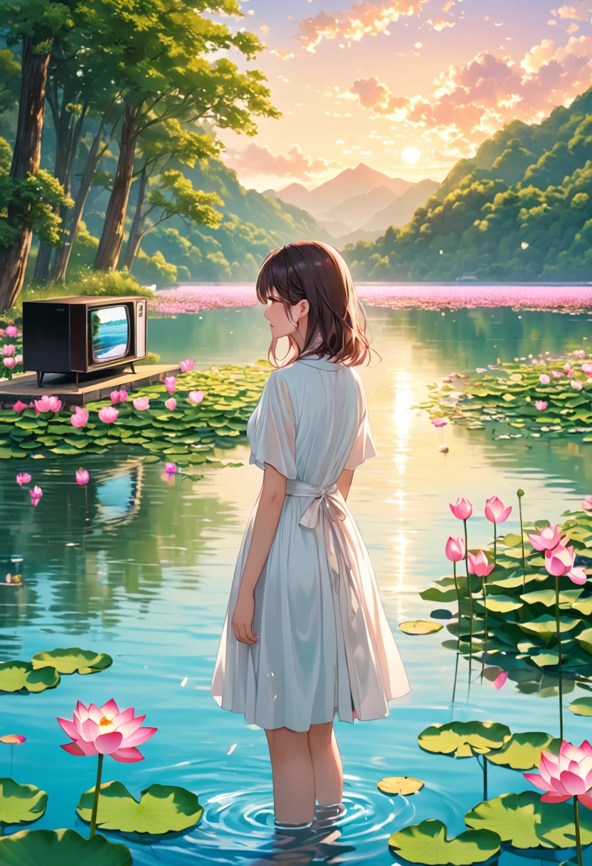 A girl in a white dress stands in the water,(The head is replaced by an old-fashioned TV set covered with flowers:1.2),The background is the natural landscape of the lake,Including lotus flowers in the water and trees in the distance,The overall tone is warm,Dominated by pink and green,营造出一种dream般的复古氛围。There are also some wires and unplugged wires in the picture.,Adds a touch of modern and natural feeling,dream,montage