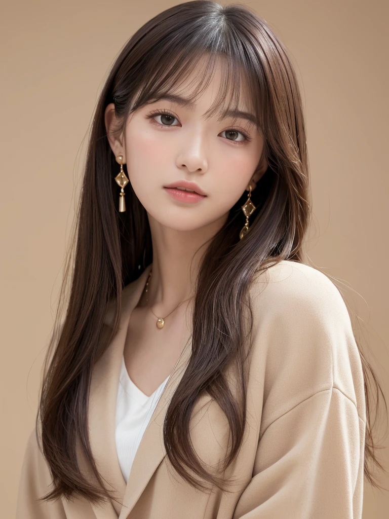 ((Highest quality, 8k, masterpiece:1.3)), concentrate: 1.2, Perfect body beauty: 1.4, Hips: 1.2, ((Long Hair, chest: 1.2)), (Dry clothes: 1.1) , (clear, Simple Background:1.3), Simple clothes: 1.1, Highly detailed face and skin texture,Delicate eyes, double eyelid, Whitened skin, Rough skin、Long Hair、bangs、Simple earrings、necklace、 solo、Beige coat、White shirt, (((Beautiful girl with cute Japan)))、 ((Beautiful Japanese girl 20 years old))、 (())、 (((Slender body)))、 Upper Body,Face focus、necklace,Simple Background,From above, Realistic Hair、 A photograph was taken:Canon EOS R6、135mm、1/1250 seconds、f2.8、ISO400、(Detailed explanation of the hand)、(Masseter muscle area)、(Exquisite CG)、Long Hair, loose and curly hair、Korean Hair、Long Hair明るいベージュ色、グラデーションハイライトグレージュのゆるふわLong Hairスタイル、