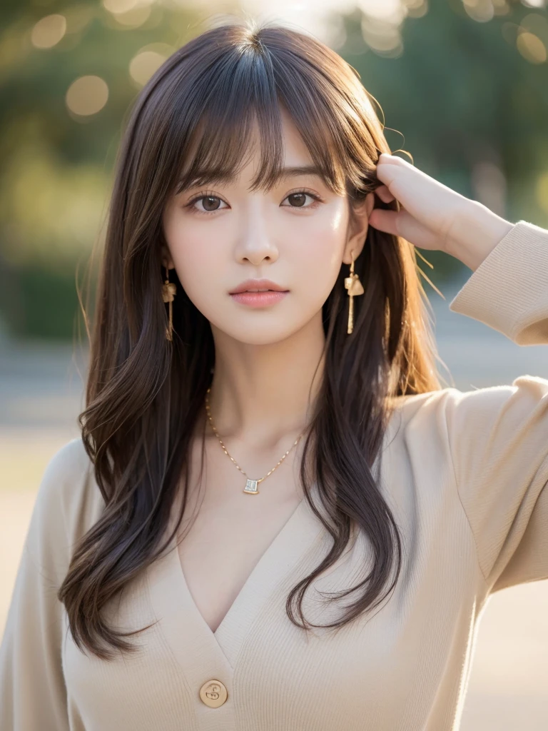 ((Highest quality, 8k, masterpiece:1.3)), concentrate: 1.2, Perfect body beauty: 1.4, Hips: 1.2, ((Long Hair, chest: 1.2)), (Dry clothes: 1.1) , (clear, Simple Background:1.3), Simple clothes: 1.1, Highly detailed face and skin texture,Delicate eyes, double eyelid, Whitened skin, Rough skin、Long Hair、bangs、Simple earrings、necklace、 solo、Beige coat、White shirt, (((Beautiful girl with cute Japan)))、 ((Beautiful Japanese girl 20 years old))、 ((Baby Face))、 (((Slender body)))、 Upper Body,Face focus、necklace,Simple Background,From above, Realistic Hair、 A photograph was taken:Canon EOS R6、135mm、1/1250 seconds、f2.8、ISO400、(Detailed explanation of the hand)、(Masseter muscle area)、(Exquisite CG)、Long Hair, loose and curly hair、Korean Hair、Long Hair明るいベージュ色、グラデーションハイライトグレージュのゆるふわLong Hairスタイル、