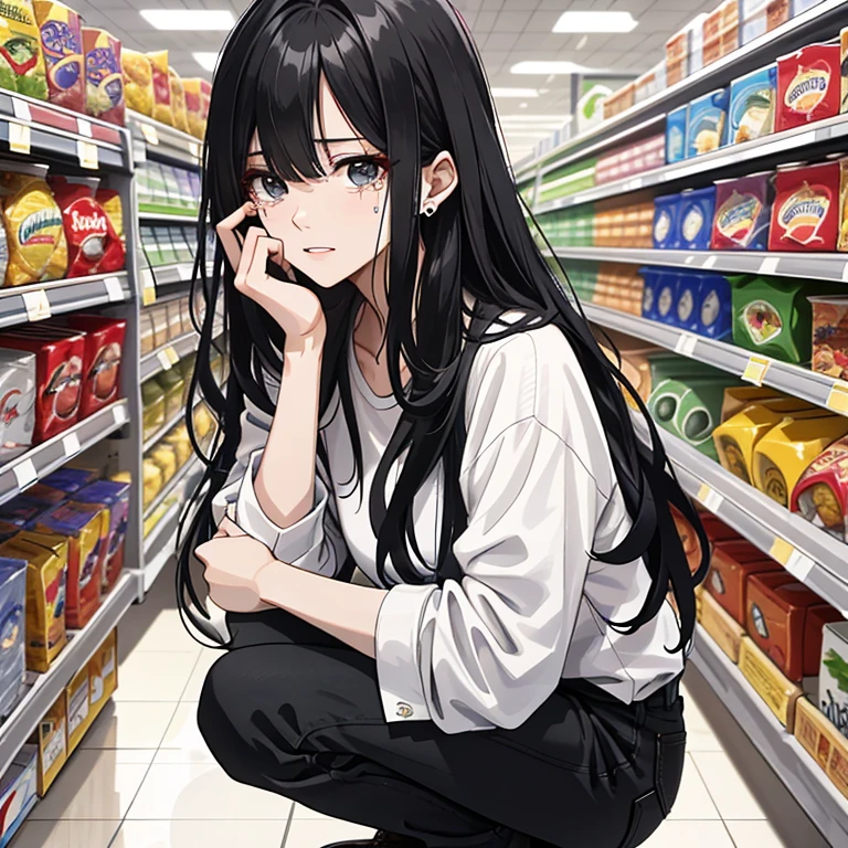 Ridiculous Resolutions，High resolution，（masterpiece：1.4），Hyper Detail，Long black hair, 1 middle-aged woman, Iris, White shirt，supermarket，Expression of complaints and crying，Bleeding，Corner Squat