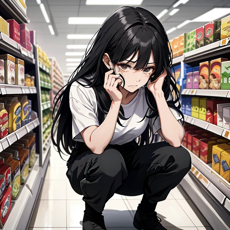 Ridiculous Resolutions,High resolution,(masterpiece:1.4),Hyper Detail,Long black hair, 1 middle-aged woman, Iris, White shirt,supermarket,Expression of complaints and crying,Bleeding,Corner Squat
