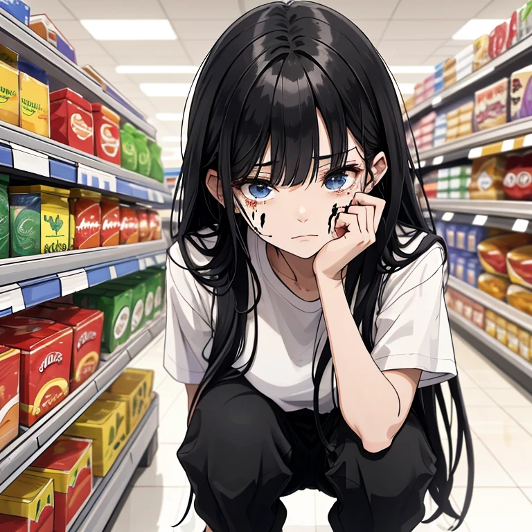 Ridiculous Resolutions，High resolution，（masterpiece：1.4），Hyper Detail，Long black hair, 1 middle-aged woman, Iris, White shirt，supermarket，Expression of complaints and crying，Bleeding，Corner Squat