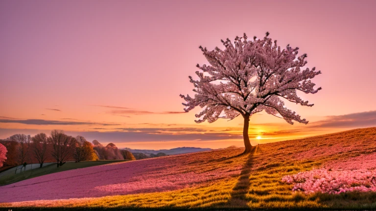 cherry tree with spring blossoms , on a hill with, lonely tree, , landscape , photograph 4k, daylight spring, , breathtaking composition, at sunset in autumn, sunsetting color,