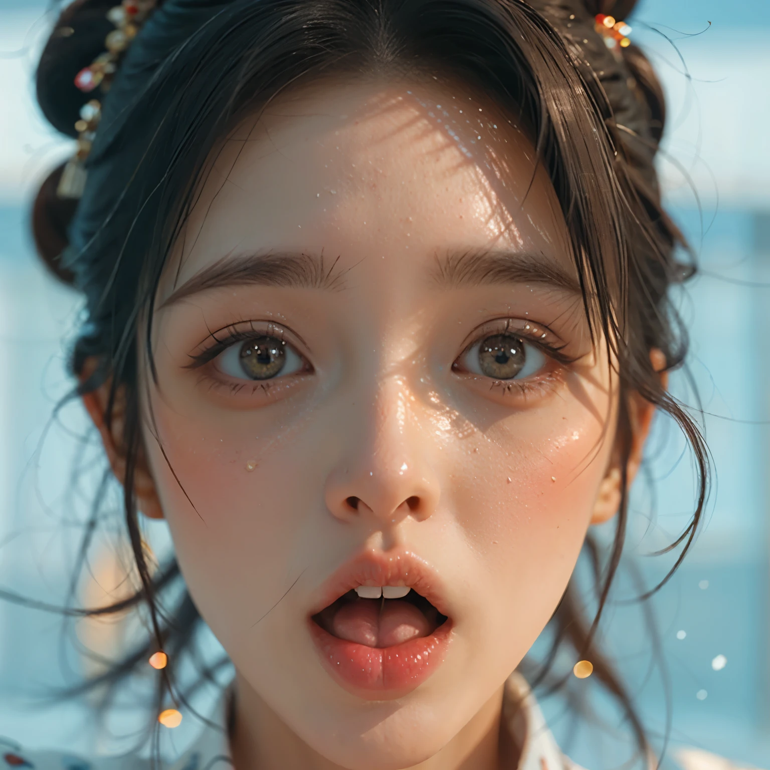 ExtremelyDetailed Kawaii girl Face,(Close-up Sweet lips), glossy lips with beautiful details, Coquettish tongue, Kissing to camera, towards the viewer, 8K TopQuality masterpiece,an extremely delicate and beautiful (ProfessionalPhoto:1.37), {Amazing|finely detail|official art|incredibly absurdres},ultra-detailed close-up shot, close up, (fish eye lens), wide lens, macro lens, Detailed reflective Eyes ElaboratePupils with (sparkling highlights:1.28) (Delicate Voluminous LongEyelashes:0.88), {(Tilted face:1.22)|Visible back of throat|saliva drips|naked shoulder}, (Dripping juice on tongue:1.23) snow particles
