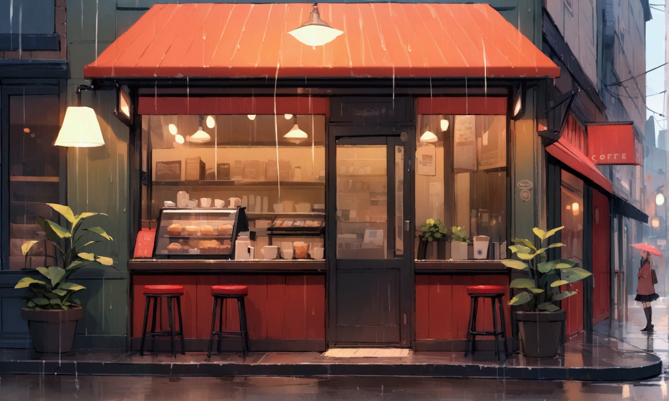 coffee shop, rain, Highest quality, masterpiece