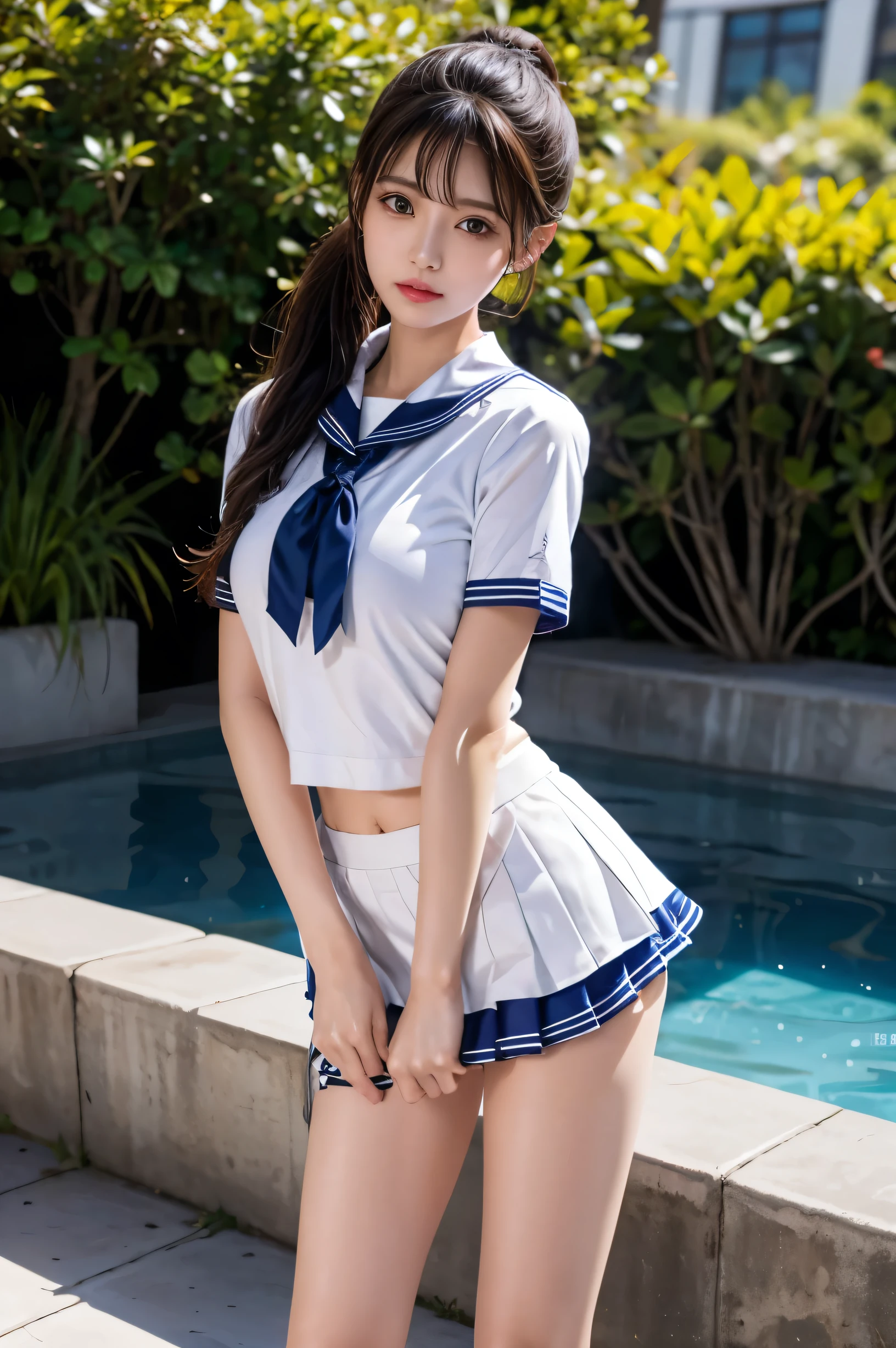 (Ultra HD), (Sailor suit, Navy blue mini skirt), Big Breasts, slender, whole body, Standing posture, (Clean and shiny skin, Whitening, No makeup), (Super slim face, Super beautiful face), (Light Brown Ponytail, Layered Cut, Fluffy hair), (double eyelid, Slanted Eyes), Small Nose, Thin lips, Thin legs, school gate