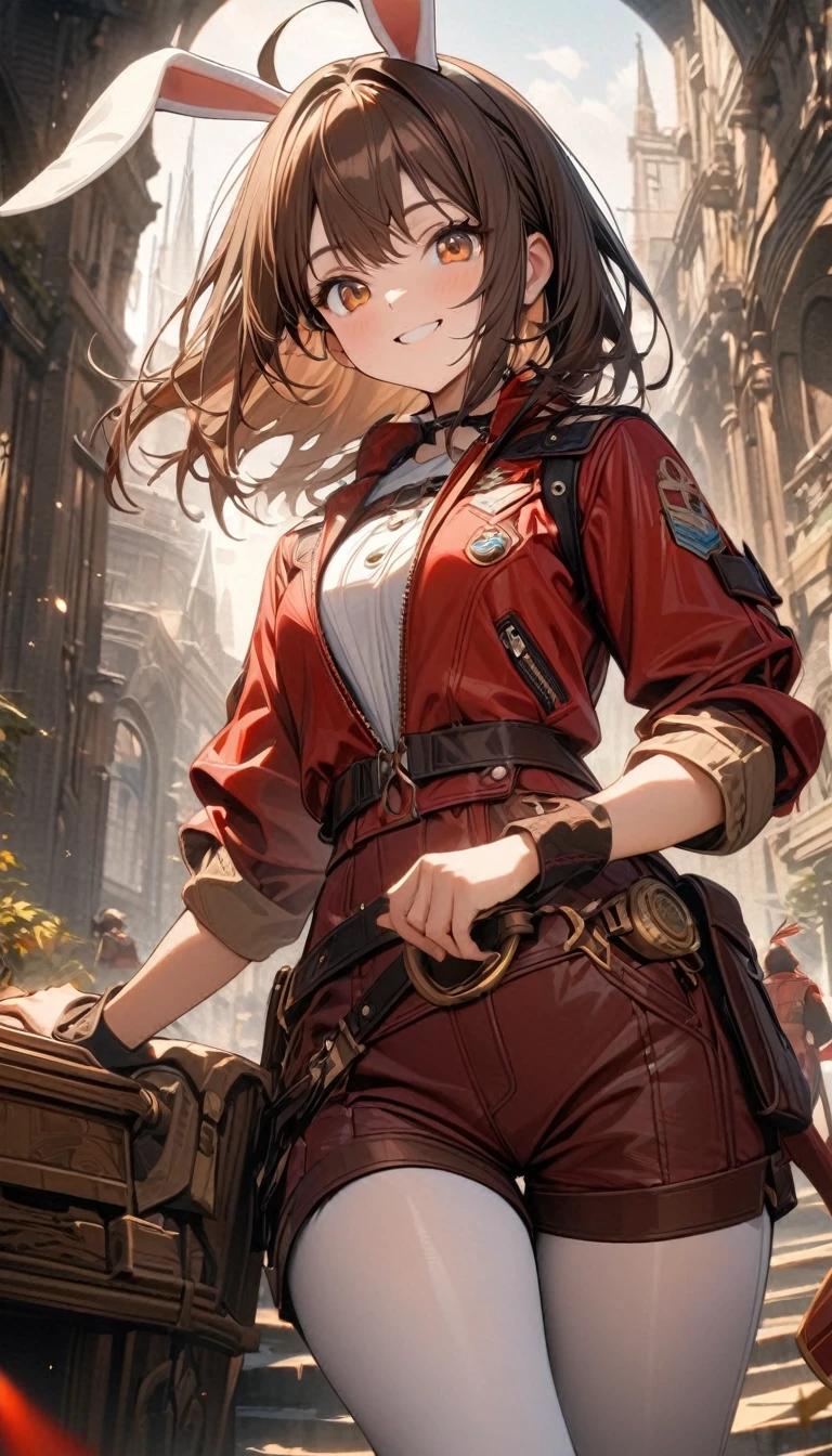 young girl, long brown hair, rabbit ears, amber eyes, smile, burgundy leather shorts, white tights, red archer scout jacket, white elements, brown elements
golden elements, long lush sleeves, Masterpiece, best quality, Full HD, 8k, ultra details, great graphic