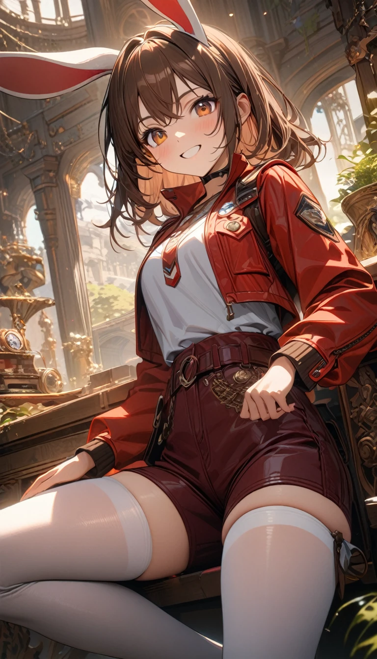 young girl, long brown hair, rabbit ears, amber eyes, smile, burgundy leather shorts, white tights, red archer scout jacket, white elements, brown elements 
golden elements, long lush sleeves, Masterpiece, best quality, Full HD, 8k, ultra details, great graphic