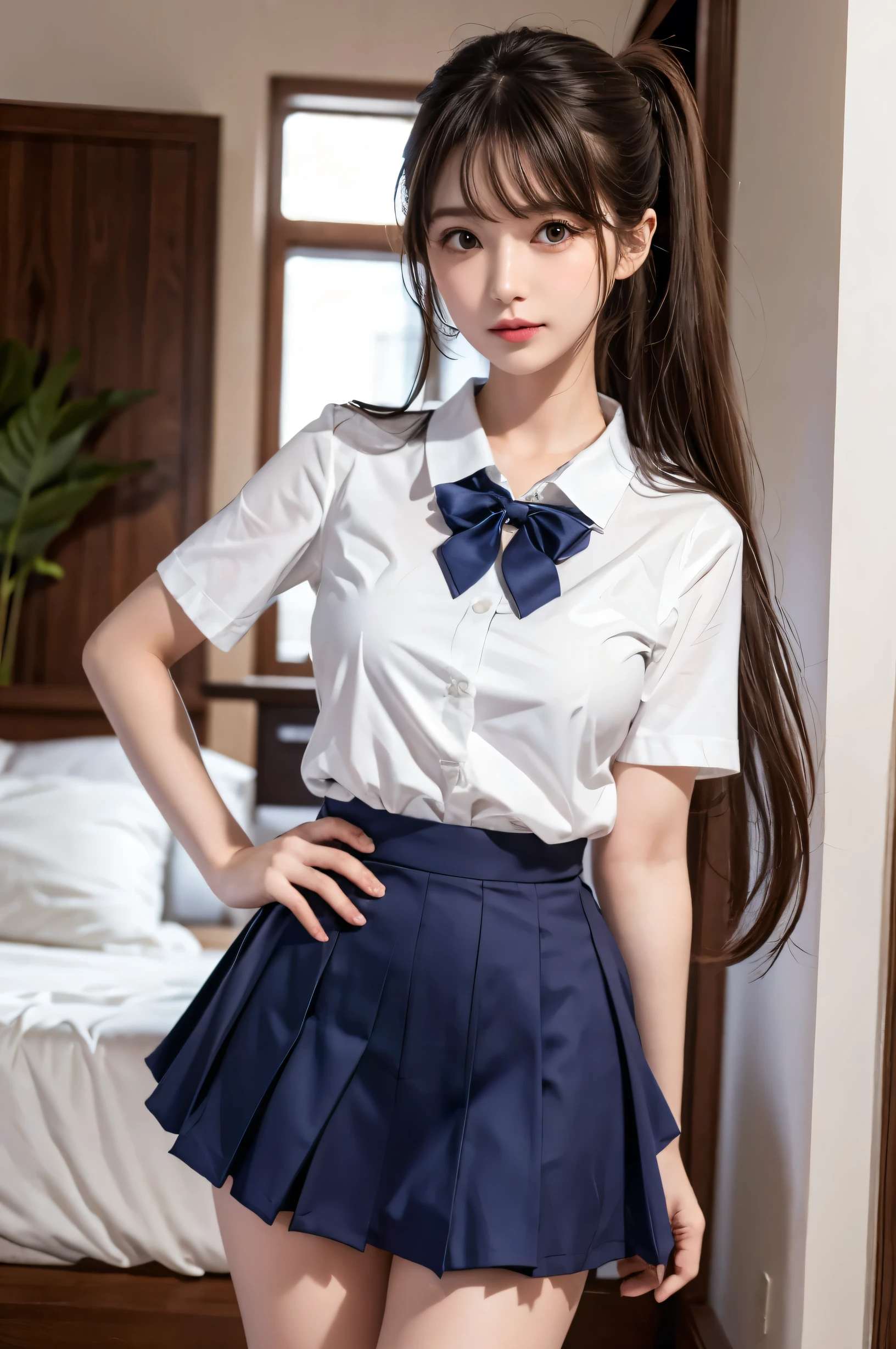 (Ultra HD), (Sailor suit, Navy blue mini skirt), Big Breasts, slender, whole body, Standing posture, (Clean and shiny skin, Whitening, No makeup), (Super slim face, Super beautiful face), (Light Brown Ponytail, Layered Cut, Fluffy hair), (double eyelid, Slanted Eyes), Small Nose, Thin lips, Thin legs, school gate