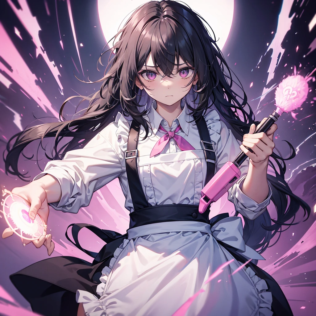 solo, Troubled face,male,Black Hair,Fluffy quirky hair,Former corporate slave,Dark circles under the eyes,
Magic wand in hand,
Wearing a pink frilly apron
