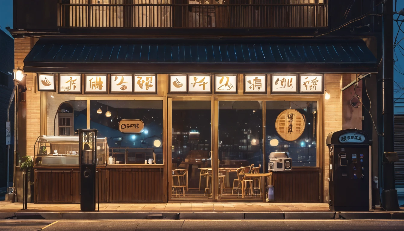 A coffee shop with a lo-fi vibe、Generate images of deserted streets at night, Highlight the illuminated sign and the lamppost in the background.