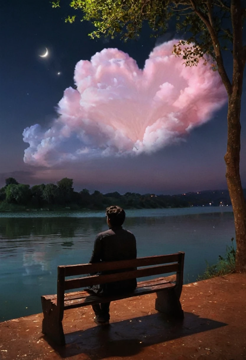 **Revised Image Prompt for "Todi Jagha" Lo-fi Song:**
Create a deep, heart-touching scene inspired by the song "Todi Jagha" from the movie 'Marjaavaan.' The setting is at night by a tranquil lakeside, with a serene and slightly melancholic atmosphere. A person sits alone on a bench under a tree, looking contemplative. Above the person's head, a dreamy, ethereal cloud or thought bubble emerges, containing a soft, transparent image of their partner, as if in their imagination. The partner should appear lovingly, symbolizing their presence in the other's thoughts. The scene should evoke a sense of longing and emotional depth, with soft, muted colors and gentle lighting to enhance the mood.