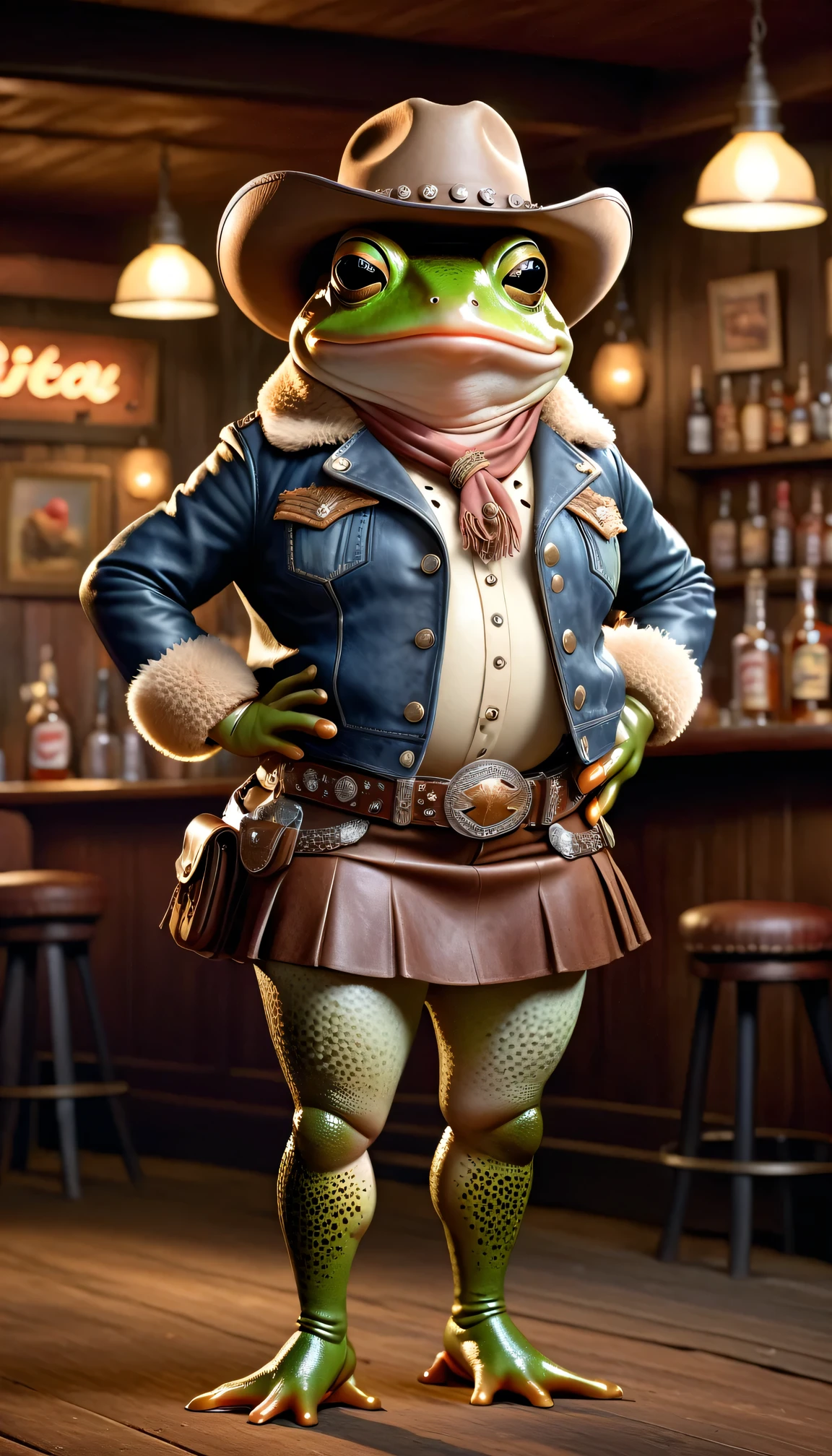 photorealistic portrait of ((Dressed animals)) - a ((fat))baby ((frog)) cowgirl, (furry),(full body image:2.0),(elegant pose:1.5) Wearing cowboy clothes and hat,(wearing leather short skirt and jacket),(hands on hips:1.5),(happy),(smile:1.5), Old-fashioned cowboy hat, in western movie bar background, , western style bar  background,(looking at viewer:1.5),score_9, score_8_up, score_7_up, score_6_up, score_5_up, score_4_up,
