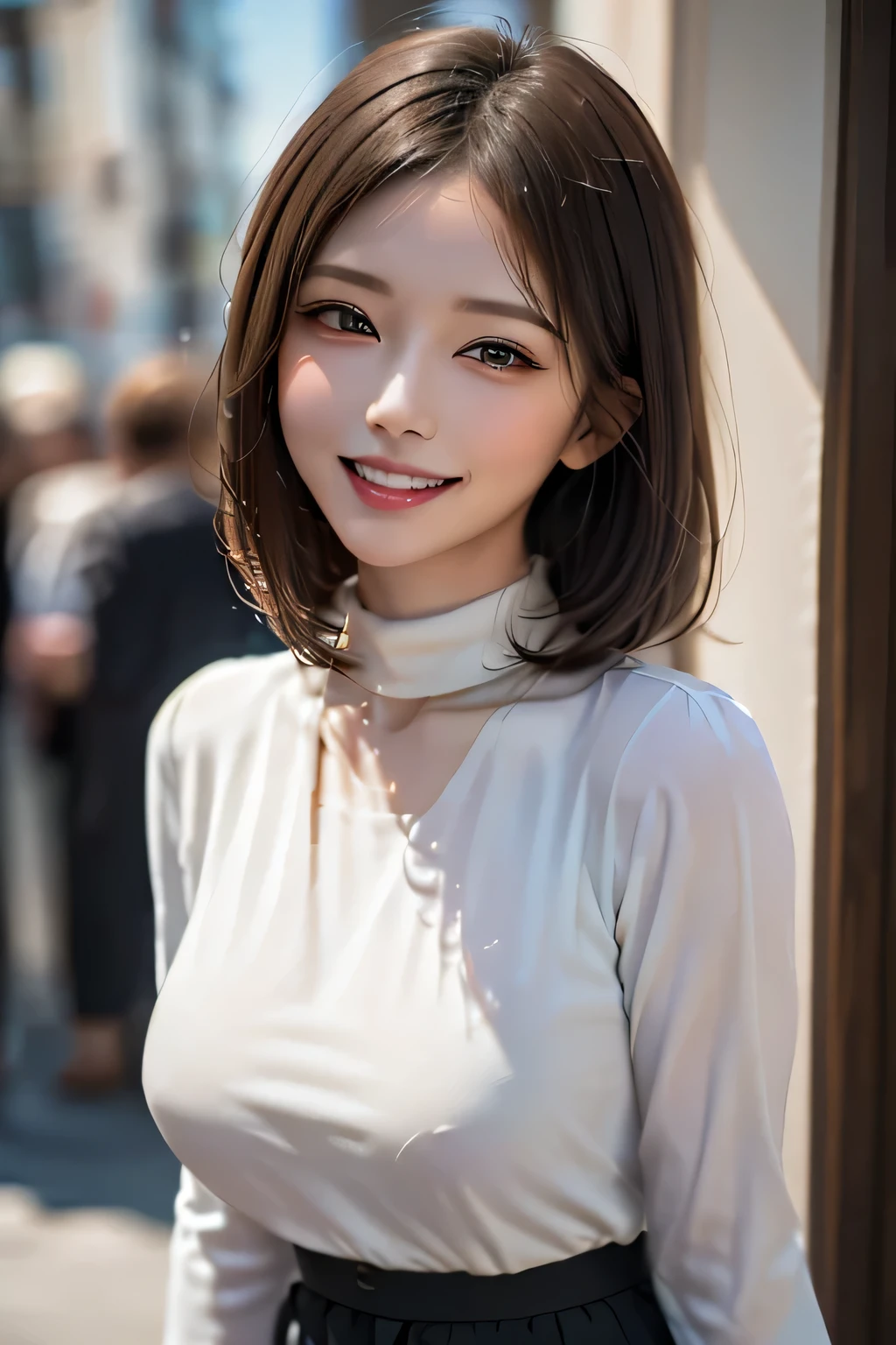 a J-pop idol wearing a turtleneck sweater, (((masterpiece))), ((Highest quality)), ((Complex)), ((surreal)), Bakares, (Mature Woman), ((peerless)), Very detailed, 1 girl, ((Big Breasts)), Beautiful and detailed, Brunette Short Hair, Brown eyes, (turtleneck:1.2), (Tight Skirt), (background: underground), Detailed background, choker, Perfect Eyes, Captivating eyes, Looking at the audience