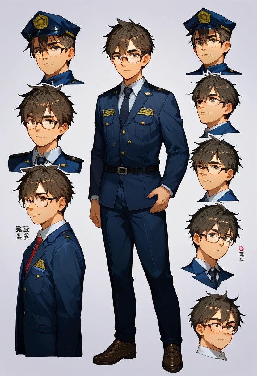 highres, top quality, best quality, paid reward available, High-quality illustrations, unparalleled masterpiece, perfect artwork, absurdres, perfect anatomy, standing kemono boy, three view drawing, front and side and back, character sheet, character design police man!!, anime character, glasses, facial expressions, Detailed description of character, text, Transform wolf, Collection of setting materials,