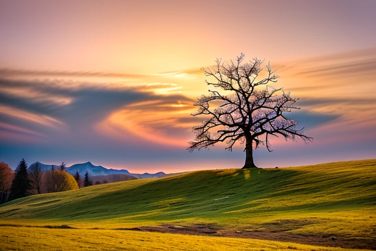 cherry tree with spring blossoms , on a hill with, lonely tree, , landscape , photograph 4k, daylight spring, , breathtaking composition, at sunset in autumn, sunsetting color,