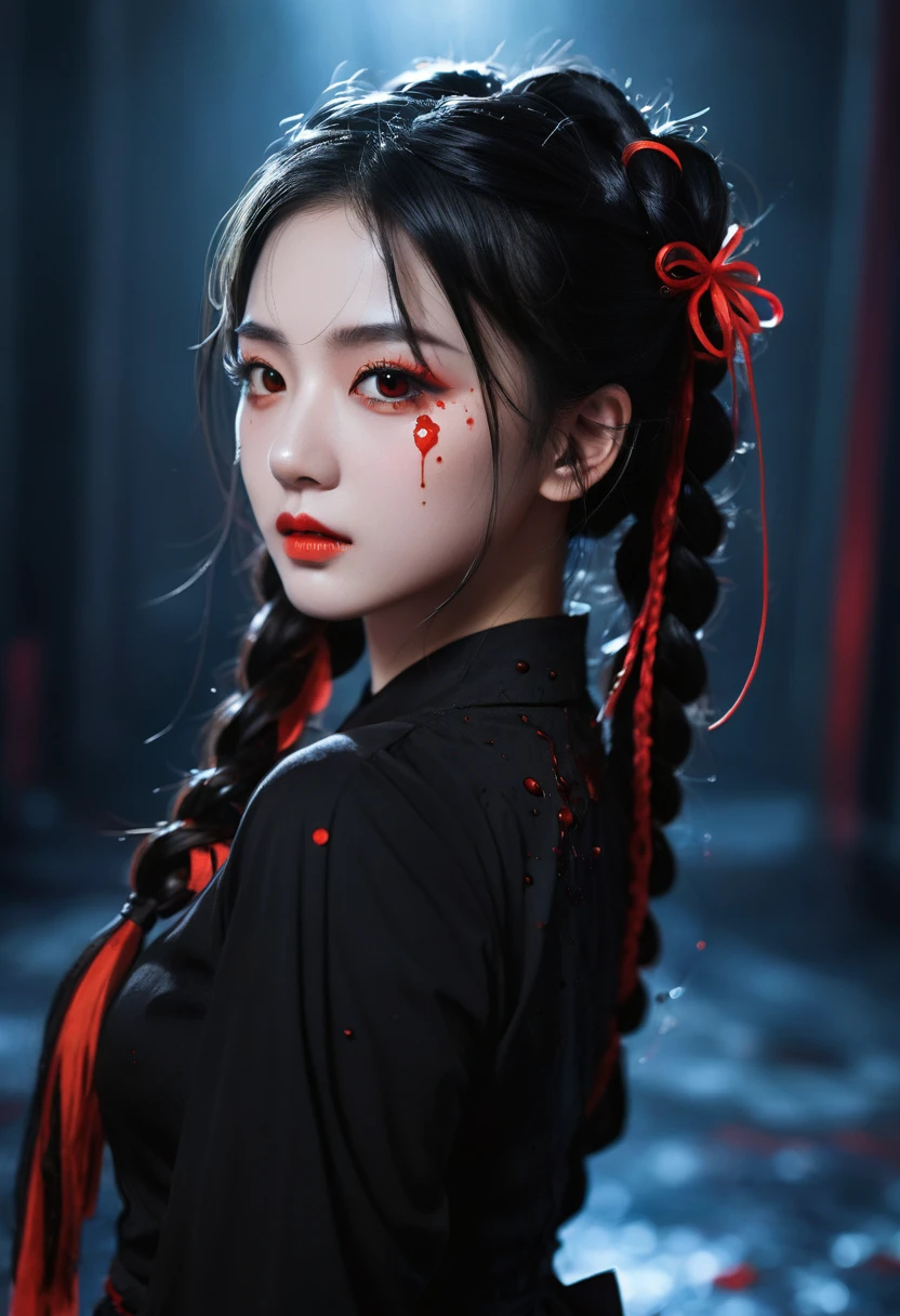A dark fantasy masterpiece, this ultra-detailed illustration showcases a solo girl with sharp facial features, black hair styled in low twintails, and red eyes, with a strand of hair between her eyes. The scene is captured from a dynamic angle, emphasizing the high contrast and intricate details. The background is a beautiful, detailed scene of dark fantasy, illuminated by the best cinematic lighting. Blood splatters and swirling black light add a dramatic effect around the character, complemented by black light particles and a magic circle. Broken glass enhances the depth of field, creating a visually stunning and hyper-detailed image.