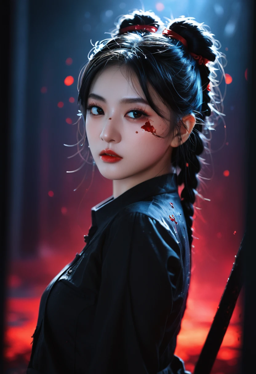A dark fantasy masterpiece, this ultra-detailed illustration showcases a solo girl with sharp facial features, black hair styled in low twintails, and red eyes, with a strand of hair between her eyes. The scene is captured from a dynamic angle, emphasizing the high contrast and intricate details. The background is a beautiful, detailed scene of dark fantasy, illuminated by the best cinematic lighting. Blood splatters and swirling black light add a dramatic effect around the character, complemented by black light particles and a magic circle. Broken glass enhances the depth of field, creating a visually stunning and hyper-detailed image.