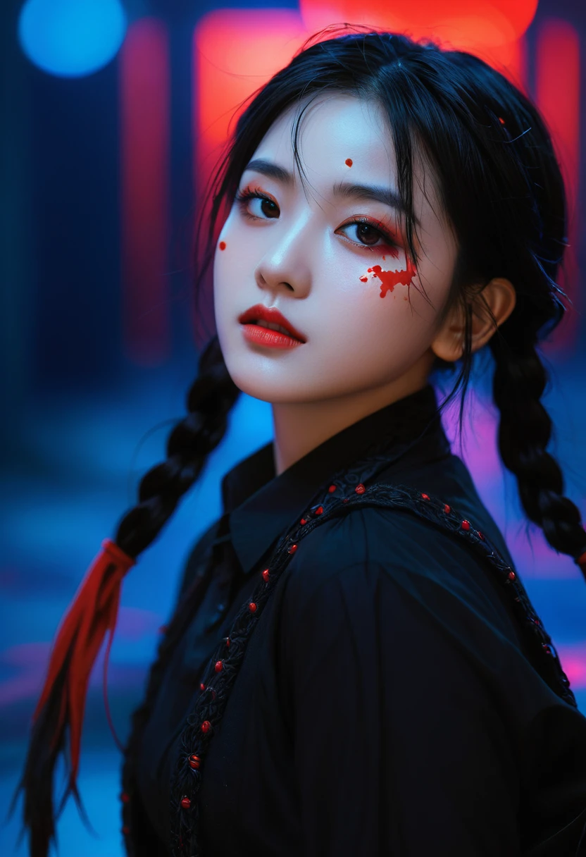 A dark fantasy masterpiece, this ultra-detailed illustration showcases a solo girl with sharp facial features, black hair styled in low twintails, and red eyes, with a strand of hair between her eyes. The scene is captured from a dynamic angle, emphasizing the high contrast and intricate details. The background is a beautiful, detailed scene of dark fantasy, illuminated by the best cinematic lighting. Blood splatters and swirling black light add a dramatic effect around the character, complemented by black light particles and a magic circle. Broken glass enhances the depth of field, creating a visually stunning and hyper-detailed image.