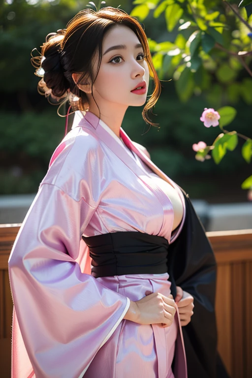 Photorealistic, High resolution, 1womanl, Solo, hips up high, look at viewr,Light pink cheeks、 (Detailed face), Kimono, Pedras preciosas、Silk kimono、lots of flower, jewely、brown haired、Light purple eyes、Big ass、large full breasts、Gothic lolita、