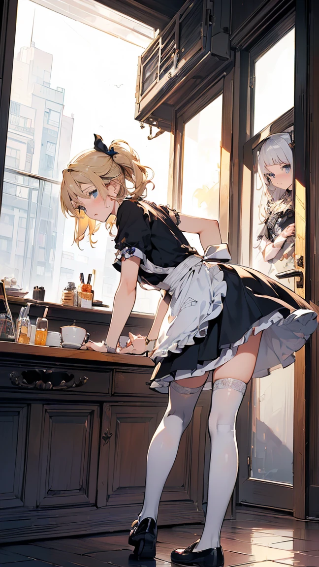 (masterpiece, high quality, Mysterious, Ideal body proportions), (Ultra-high resolution, 8K RAW Photos, Photorealistic, Natural light, Fabric Shading), Wide Shot Photography:1.6, (One beautiful anime girl:1.3, , alone:1.5, Mature Woman:1.5, Browsing Caution:1.25, whole body:1.3), Glowing Skin, break, ((Alice in Wonderland:1.3, Cute girl, cute, Lovely, interesting, Girl Falling From the Sky:1.5, Girl Flying in the Sky:1.5, The girl is floating in the air:1.1, The wind lifts up the skirt:1.5, (Embarrassed:1.3), Amazing, Put on an apron and put your hand on your crotch:1.35)), break, ((Trump, trump card, Tea cup, you can, teaspoon, Small Clock:1.3, Lipstick, Candy:1.2, クッKey, Jam jar, Key)), ((Royal Blue Dress :1.5, Wearing a long flared skirt:1.3, White apron, White Stockings)), (Medium-length platinum blonde hair:1.2, Twin tail hair:1.6, Her hair was tied with a big ribbon), (blue eyes, Bright eyes with highlights, Detailed eyes), (Lie on your back:1.4, Leaning forward:1.2, Stand up straight and spread your legs:1.5), ((Dutch Angle:1.5, whole body:1.3, Crotch focus:1.3, From below:1.5, Poor posture)), Cinematic imagery, Exotic Wallpaper, colorful, Pop Art, Great art, (Fantasy Images:1.5), ((Correct Anatomy:1.5, Perfect Anatomy:1.3, The right move, Small feet:1.2)),