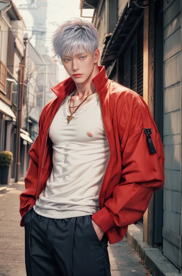 Japanese male model, Portrait, adult, handsome, perfect face detail, detailed eyes and face, clean shaved, sixpack realistic, white eyebrow hair, white eyelashes, dynamic lighting, unreal engine 5, hd picture, satoru gojo, white hair, short hair ,hair between eyes ,blue eyes, white skin, wear a jacket, wear a necklace
