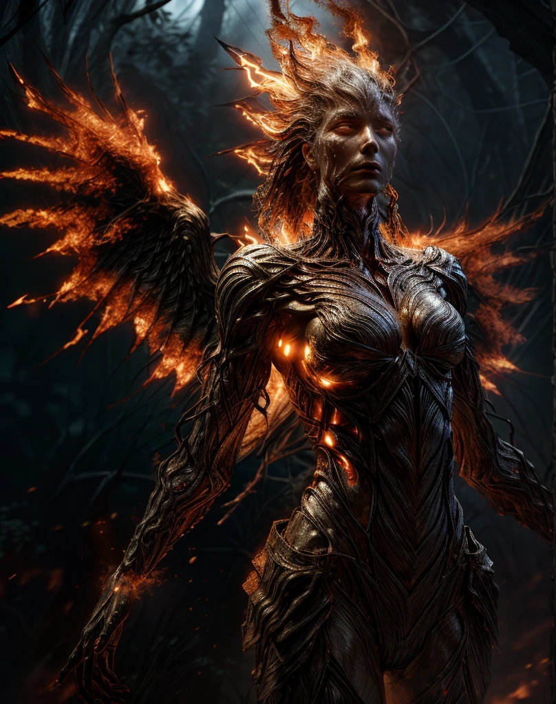 there is elemental woman with wings flying in the air, dark sky. High details, high quality, [[photorealistic Chromatic aberration]], digital photograph, HDR, high contrast, (cowboy shot), masterpiece. [The scene is surrounded by mist, evoking a mysterious and eerie atmosphere. The lighting is dark and atmospheric, with a touch of sinister ambiance. Best quality image, HDR enhancement, showcasing the utmost level of detail and realism]. [8K, Best Quality, Ultra High Resolution, (highly detailed CG unity 8k wallpaper), (best photo), (best shadows), isometric 3D, octane rendering, ray tracing, highly detailed, (Best quality, 4K, 8k:1.2), absurdity, ultra detailed, (realistic, photorealistic, photorealistic:1.37), complex parts, HDR, (complex parts:1.12), (hyper detailed, hyper realistic, Soft lighting, spicy:1.2), (complex parts, Hyper detailed:1.15). Blurred foreground. (backlit), masterpiece, high quality, brightness, chromatic aberration, shadows, contrast, clear sky, (warm hue, warm tone), high details, natural reflections]. many details.