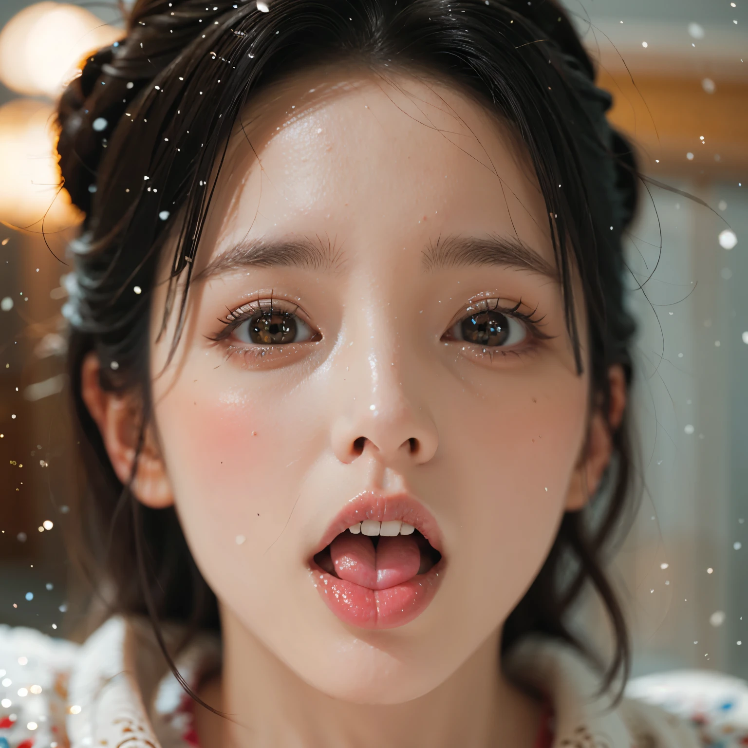ExtremelyDetailed Kawaii girl Face,(Close-up Sweet lips), glossy lips with beautiful details, Coquettish tongue, Kissing to camera, towards the viewer, 8K TopQuality masterpiece,an extremely delicate and beautiful (ProfessionalPhoto:1.37), {Amazing|finely detail|official art|incredibly absurdres},ultra-detailed close-up shot, close up, (fish eye lens), wide lens, macro lens, Detailed reflective Eyes ElaboratePupils with (sparkling highlights:1.28) (Delicate Voluminous LongEyelashes:0.88), {(Tilted face:1.22)|Visible back of throat|saliva drips|naked shoulder}, (Dripping juice on tongue:1.23) snow particles
