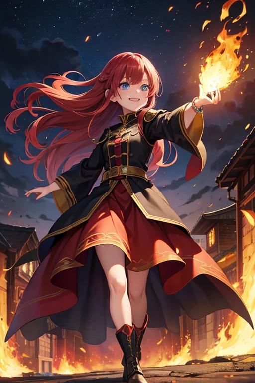Anime Art、Full body portrait、Fantasy World Fire Wizard、A woman around 160cm tall, around 27 years old, wearing a crimson Gothic dress, walking through a burning medieval town surrounded by flames.、Long skirt that reaches the ankles、Black tights、Wavy medium length hair、Red hair、Wicked Smile、Creepy Smile、unpleasant laughter、Opening his mouth and laughing arrogantly、Bossy smile、Sharp Eyes、Eyes wide open、Small eyes、Blue Eyes、Platform boots、Gold Bracelet